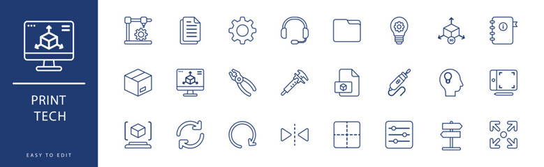 Print Tech icon collection. Containing Add, Blueprint, Box, Concept, Cube, Directional,  icons. Vector illustration & easy to edit.