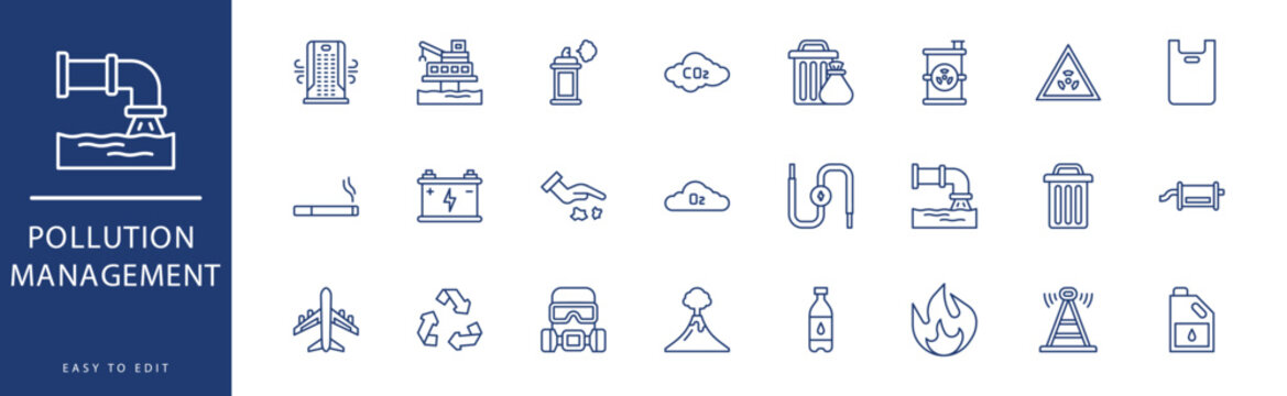 Pollution management icon collection. Containing Global Warming, Greenhouse, Leak, Light Bulb, Litter, Mine,  icons. Vector illustration & easy to edit.