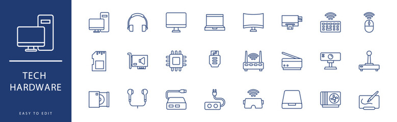 Tech Hardware icon collection. Containing Headphone, Joystick, Laptop, Modem, Monitor, Mouse,  icons. Vector illustration & easy to edit. - obrazy, fototapety, plakaty