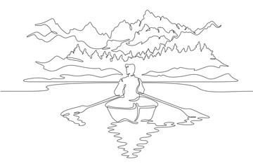 A man in a boat with oars floats on a mountain lake. Boat trip.
. Beautiful mountain landscape. High mountain peak. One continuous line drawing. Linear. Hand drawn, white background.