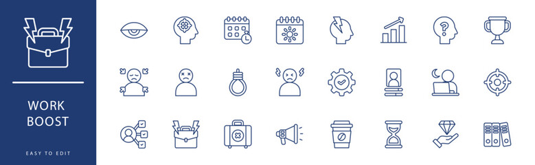 Work Boost icon collection. Containing Burden, Busy, Clock, Coffee Cup, Competence, Confusing,  icons. Vector illustration & easy to edit.