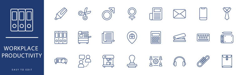 Workplace productivity icon collection. Containing Location, Male, Management, Mouse, Newspaper, Notebook,  icons. Vector illustration & easy to edit.