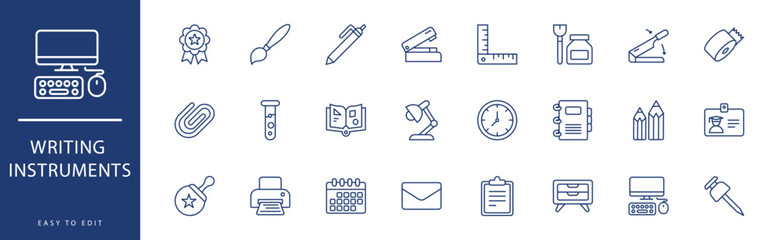 Writing instruments icon collection. Containing Calendar, Chalk, Clipboard, Clock, Color Pencil, Compass,  icons. Vector illustration & easy to edit.