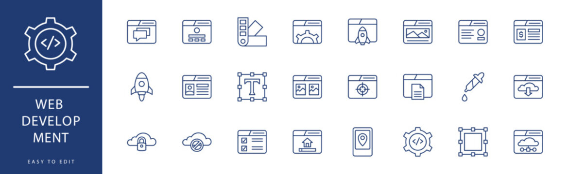 Web Development icon collection. Containing Idea, Image, Interaction, Internet Speed, Launch, Layers,  icons. Vector illustration & easy to edit.