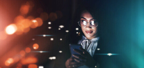 Business woman, phone and communication at night for texting, chatting or networking on dark background. Female employee smile holding smartphone working late for online planning strategy on mockup - obrazy, fototapety, plakaty