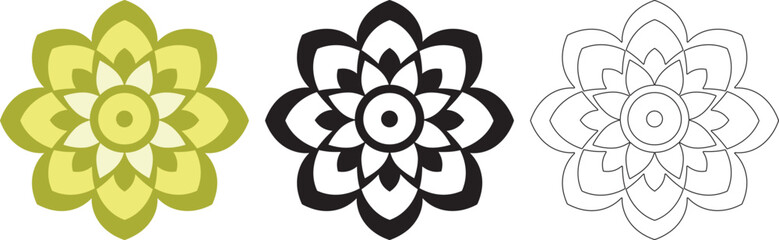 Mandala Pattern Designs in three different styles, floral mandal indian style black and white, colored and outlined vector illustration on white background, hand drawn indian traditional and cultural