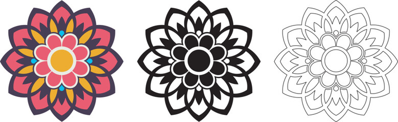Mandala Pattern Designs in three different styles, floral mandal indian style black and white, colored and outlined vector illustration on white background, hand drawn indian traditional and cultural