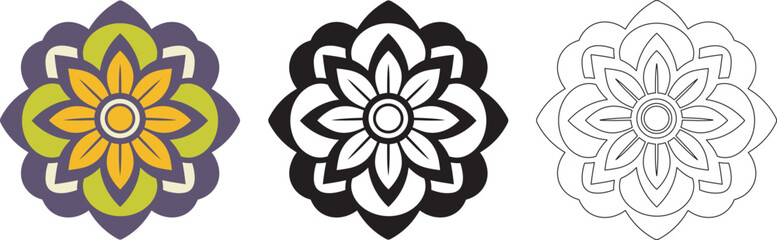 Mandala Pattern Designs in three different styles, floral mandal indian style black and white, colored and outlined vector illustration on white background, hand drawn indian traditional and cultural