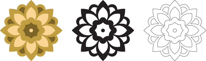 Mandala Pattern Designs in three different styles, floral mandal indian style black and white, colored and outlined vector illustration on white background, hand drawn indian traditional and cultural