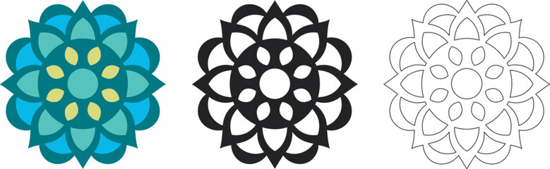 Mandala Pattern Designs in three different styles, floral mandal indian style black and white, colored and outlined vector illustration on white background, hand drawn indian traditional and cultural