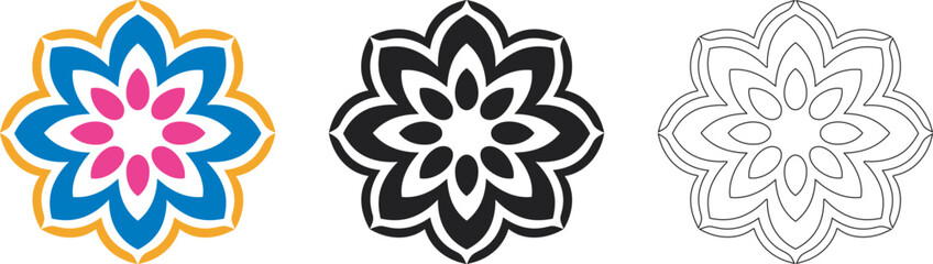Mandala Pattern Designs in three different styles, floral mandal indian style black and white, colored and outlined vector illustration on white background, hand drawn indian traditional and cultural
