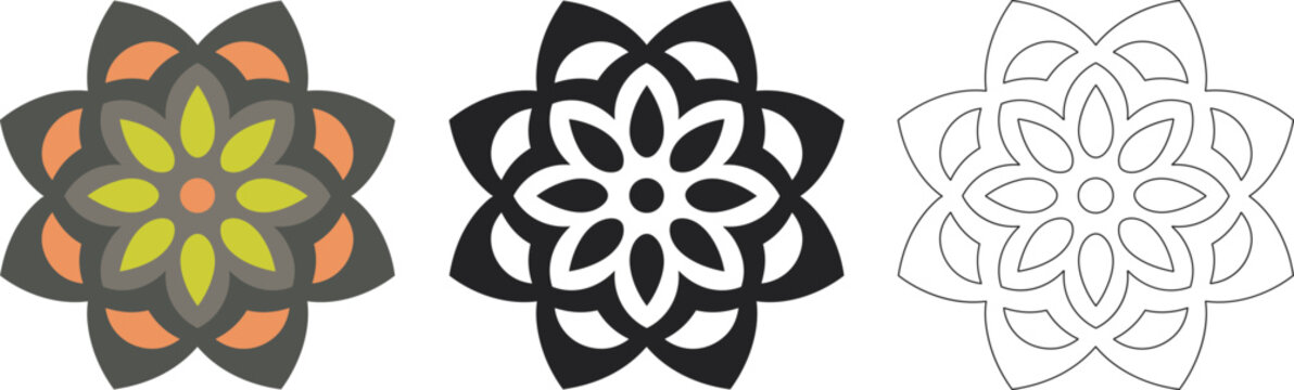 Mandala Pattern Designs in three different styles, floral mandal indian style black and white, colored and outlined vector illustration on white background, hand drawn indian traditional and cultural