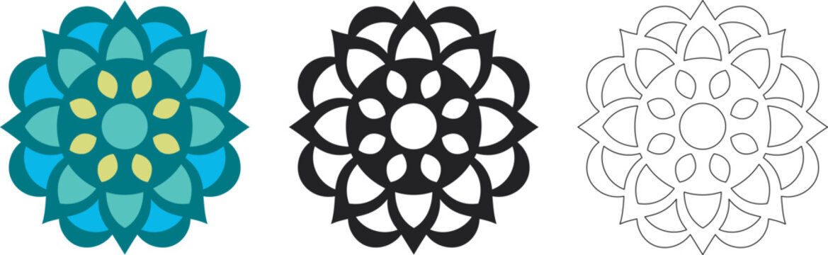 Mandala Pattern Designs in three different styles, floral mandal indian style black and white, colored and outlined vector illustration on white background, hand drawn indian traditional and cultural