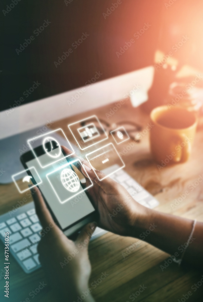 Poster App graphic, erp icon application and business woman hands with phone and digital innovation data. Media application, mobile software and futuristic ai hologram for cloud computing and networking