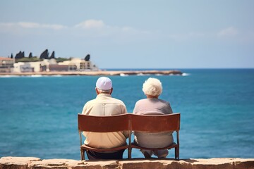 rear view old people looking the sea