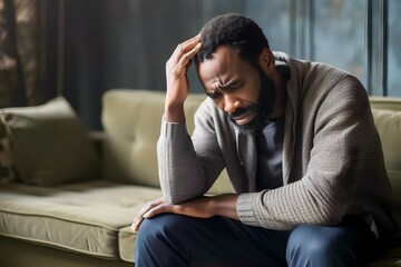 frustrated stressed african man looking down holding head at home