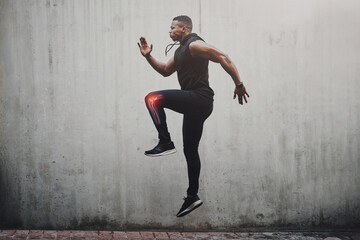 Mockup, black man and fitness with knee pain, injury and sport accident with training. African...