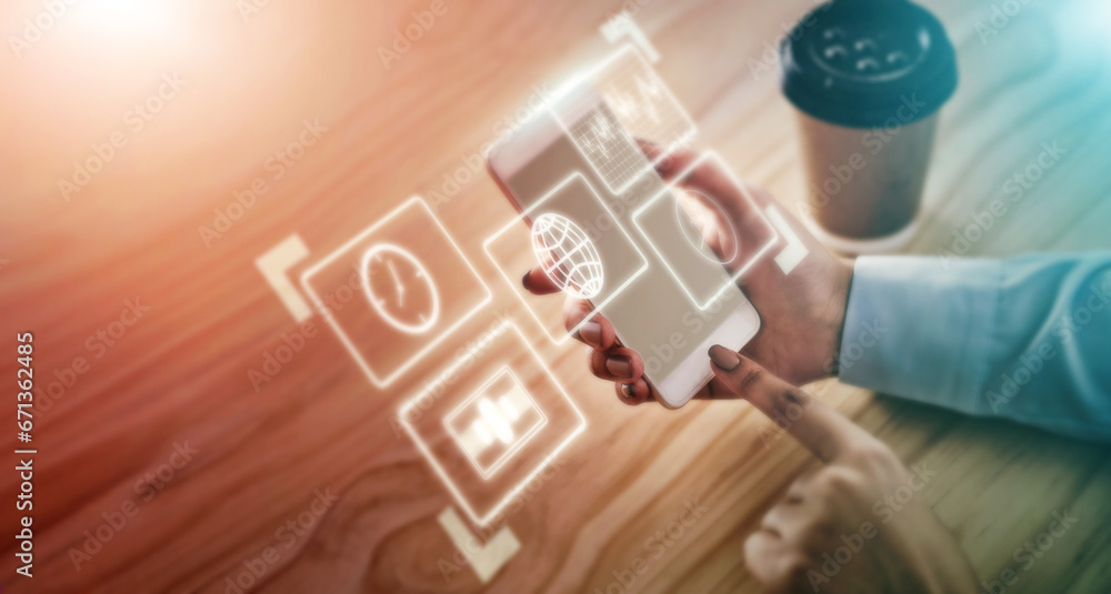 Poster Phone app hologram, erp icon application overlay and business woman hands and digital data. Media application, mobile software and futuristic ai graphic for cloud computing and user networking
