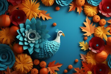 Obraz premium Autumn background with colorful leaves and bird. 3D illustration, thanksgiving concept