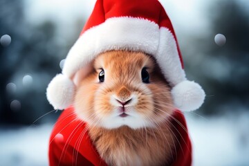 Cute bunny in a Santa suit on a christmas background. New Year and Christmas holidays concept