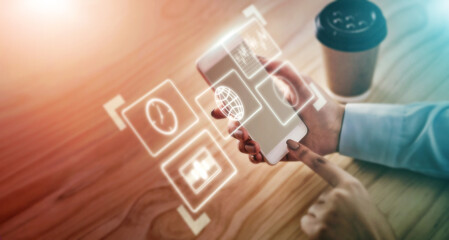 Phone app hologram, erp icon application overlay and business woman hands and digital data. Media...