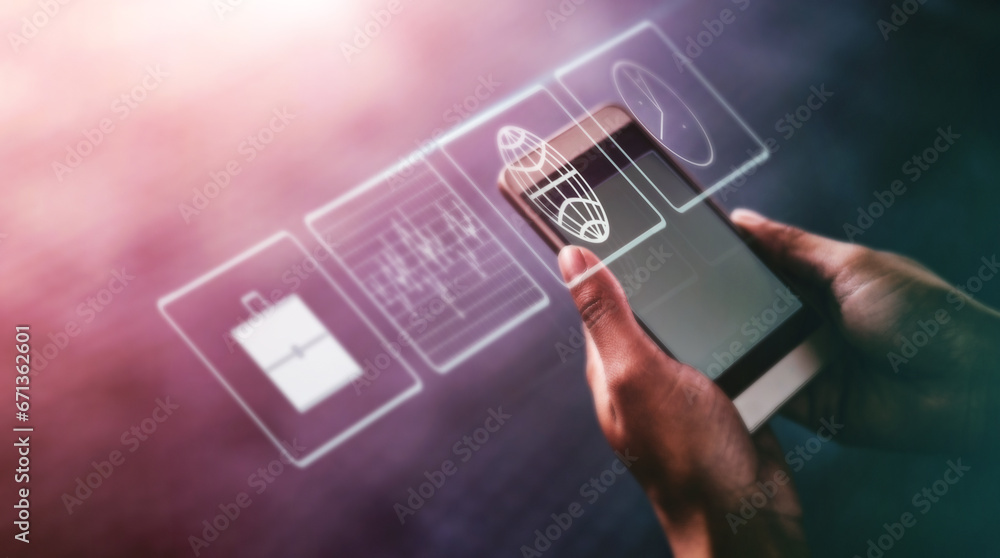 Aufkleber App graphic, icon application and business man hands with phone and digital innovation data. Media application, mobile software and futuristic ai hologram for cloud computing and user networking