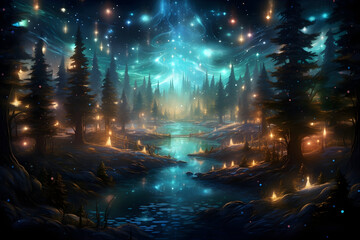 Naklejka premium Explore a Magical Forest Adorned with Illuminating Trees and Glowing Lights, Where Nature Weaves Its Mystical Tale