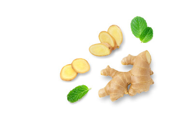 Ginger root with sliced and mint leaf isolated on white background , top view , flat lay.