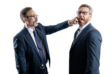 two businessmen fighting at rivalry isolated on white. businessmen having conflict fight in business. fighting between boss and employee. business fight. unethical practice - obrazy, fototapety, plakaty