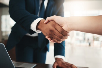 Handshake, teamwork and partnership collaboration in office for contract, deal or onboarding. Thank you, welcome or business people shaking hands for hiring, recruitment or agreement, b2b or greeting - obrazy, fototapety, plakaty