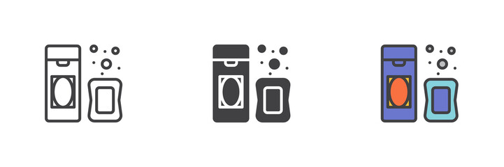 Shampoo and soap different style icon set