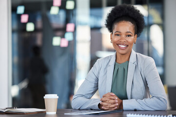 Happy business portrait of black woman planning company project, goals and startup management...