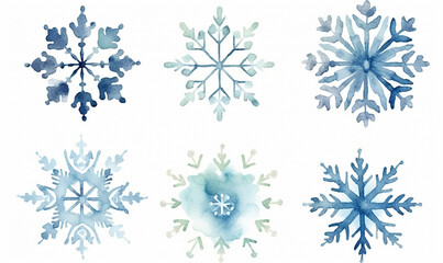 Set of cartoon aquarel snowflakes for greeting card or stickers. Beautiful set blue snowflakes. New year design elements, frozen symbol. Snowflakes, Christmas snow, blizzard. Watercolor illustration.