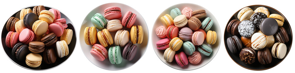 top view of four plates with macarons