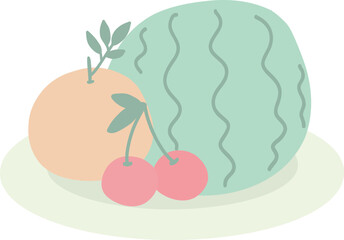 Watermelon Orange Cheery On Green Hand drawn Illustration