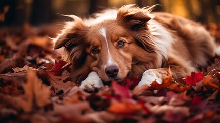 Retrato de un perro tumbado en un bosque con muchas hojas rojas por el otoño