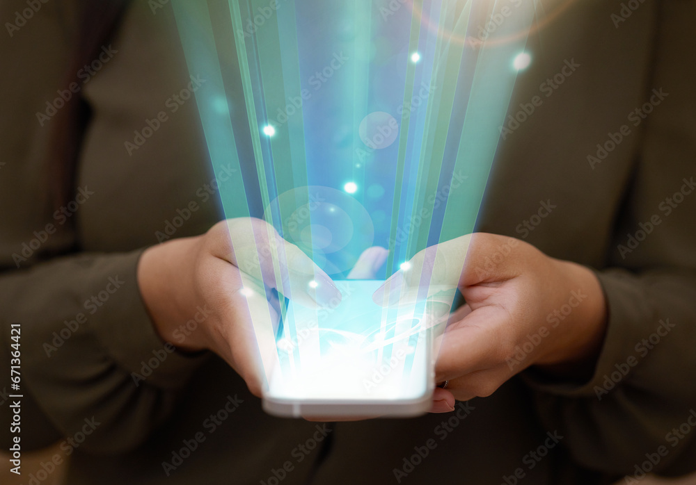 Poster Hologram, hands and smartphone with connection, futuristic and typing for social media. Holographic, closeup and zoom with cellphone, future communication or global networking for texting or message