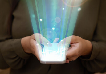 Hologram, hands and smartphone with connection, futuristic and typing for social media....