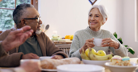 Friends, tea party and a group of senior people in the living room of a community home for a...