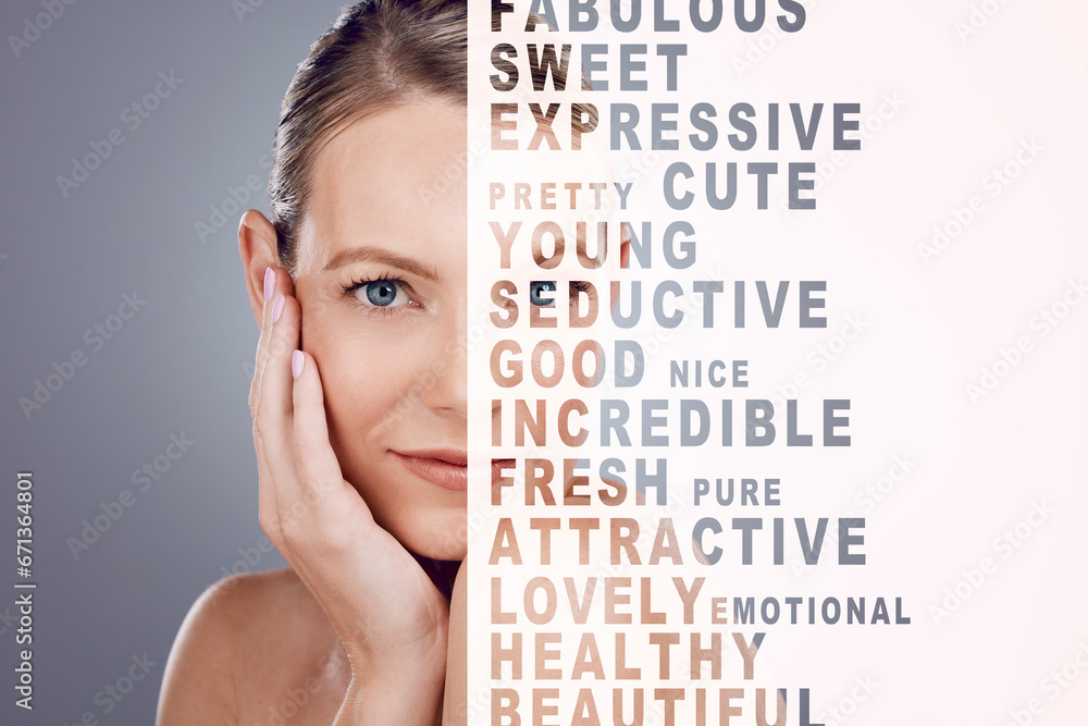 Wall mural Beauty, words and portrait or face of woman with skincare, self care and cosmetics makeup isolated in a studio background. Quotes, letters and female model with empowerment message for skin