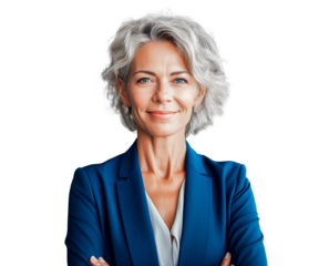 Portrait of senior woman with smile in blue suit. 