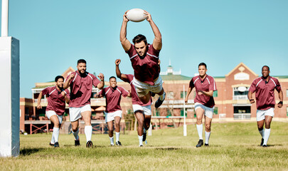 Rugby, athlete on field and sports game with men, team running and player score a try with ball, fitness and active outdoor. Exercise, championship match and teamwork with cheers, action and energy