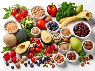 fruits and vegetables on white background