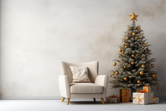 Minimalistic light christmas interior, with a white blank empty wall and a decorated christmas tree on the side.