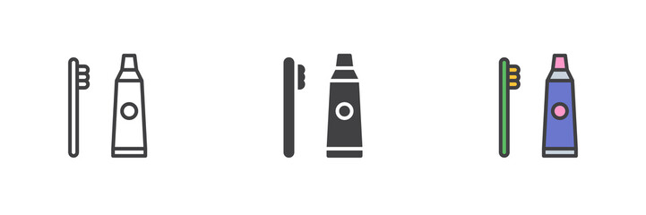 Toothbrush and toothpaste different style icon set
