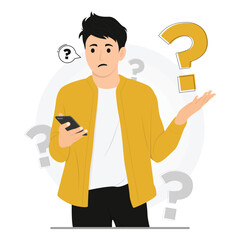 Flat vector people doubt asking questions looking phone flat illustration