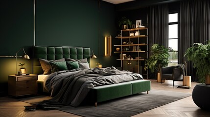 Bedroom, gold and dark green colors. Minimalism
