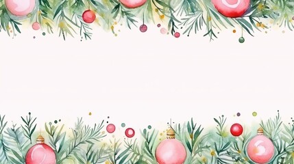 Christmas border with fir branches and balls on white background. Watercolor Christmas and New Year background