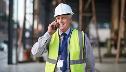 Construction, engineer and phone call of a man outdoor for building project management. Senior contractor person talking to industry contact about civil engineering, safety and development at a site
