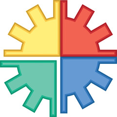 Digital png illustration of four colours gear divided into four parts on transparent background